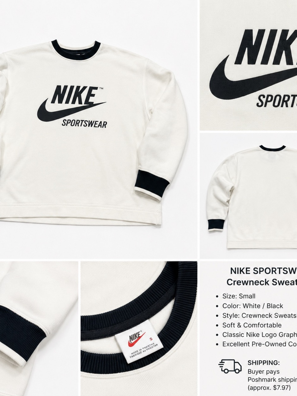 Nike Sportswear Crewneck Sweatshirt Small White/Black